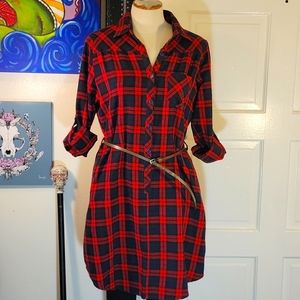 Jade Cotton Flannel Shirt Dress Blue Red